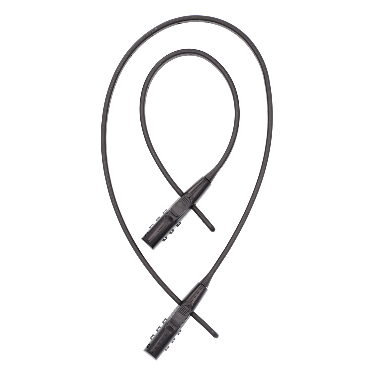 Schwarzes Kabel mit zwei schwarzen Steckern und einem Ring.