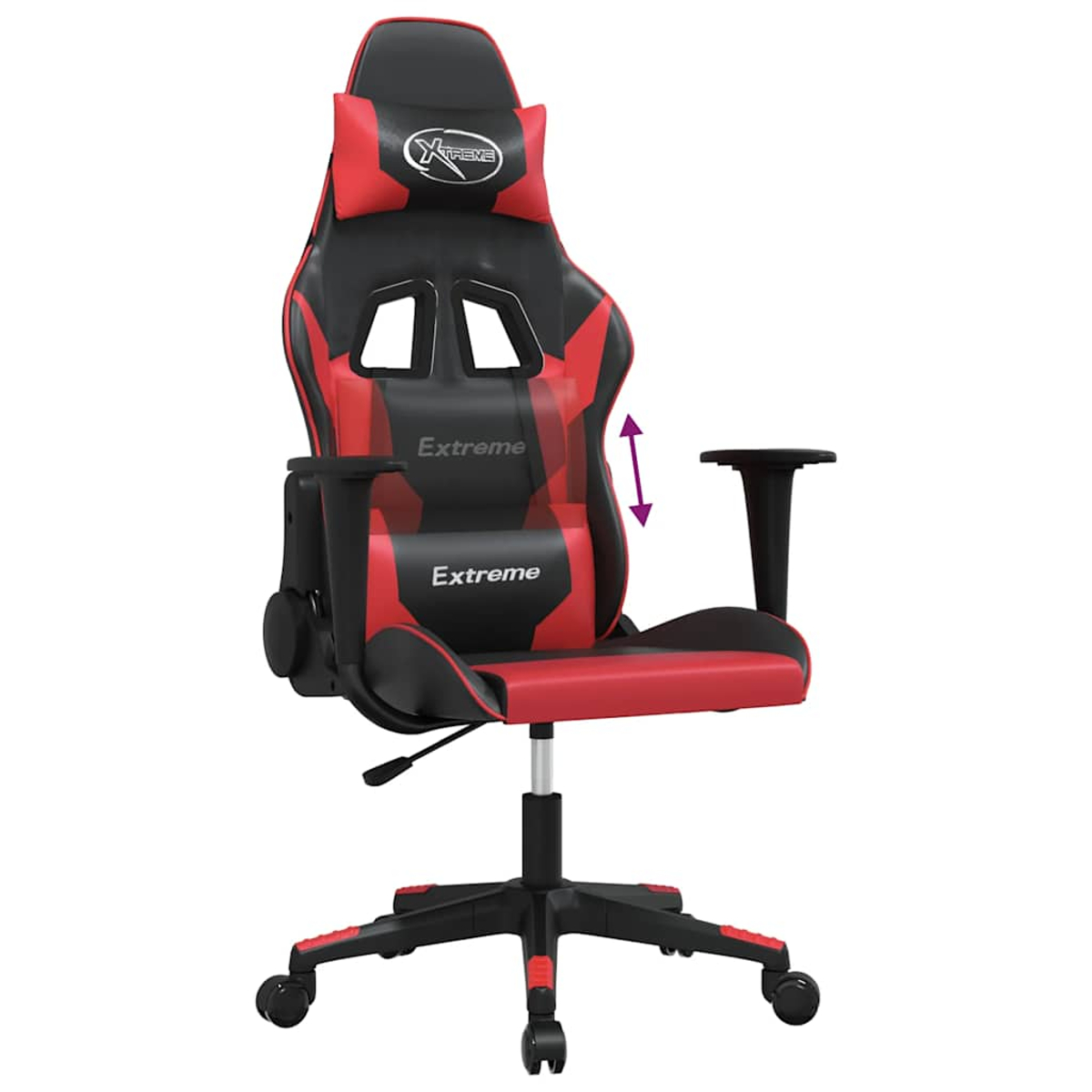 Roter und schwarzer Gaming-Stuhl mit verstellbaren Armlehnen und Lendenwirbelstütze.