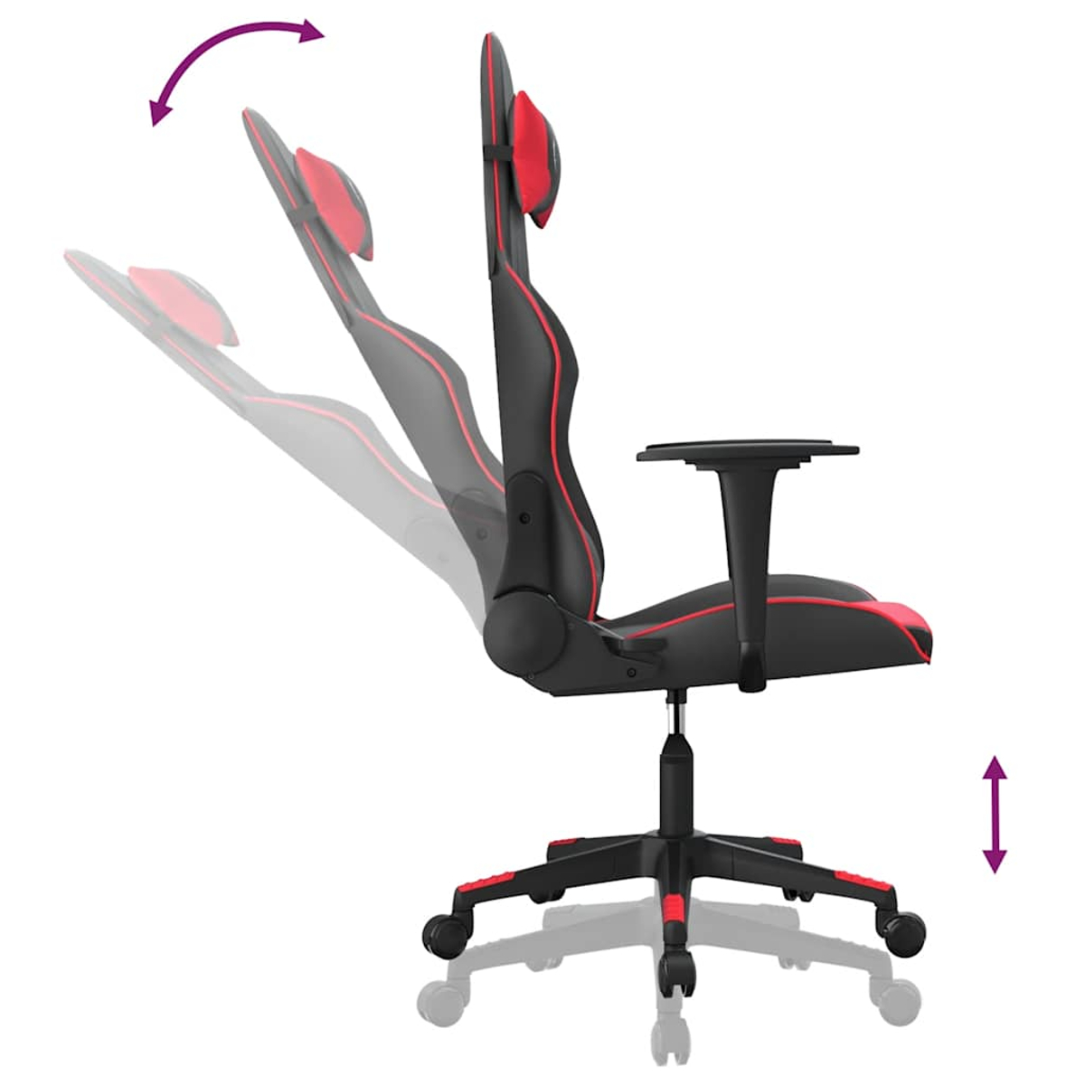 Schwarzer Gaming-Stuhl mit roten Akzenten, verstellbare Rückenlehne und Sitzhöhe.
