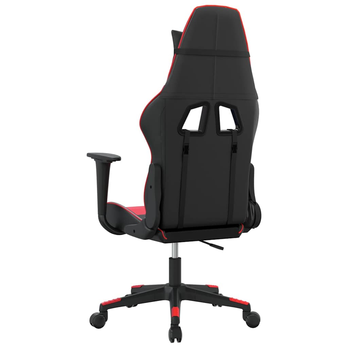 Rückansicht eines schwarzen Gaming-Stuhls mit roten Akzenten und Rädern.