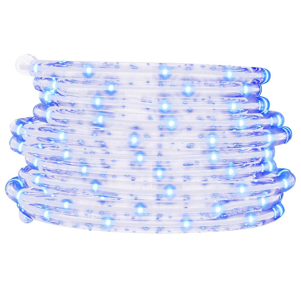 Eine aufgerollte LED-Seil-Lichterkette mit blauen Lichtern auf weißem Hintergrund.