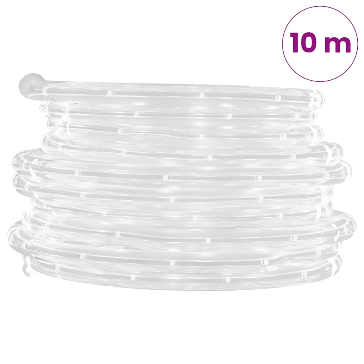 Eine aufgerollte transparente Schlauchlichtkette mit 10m Länge.