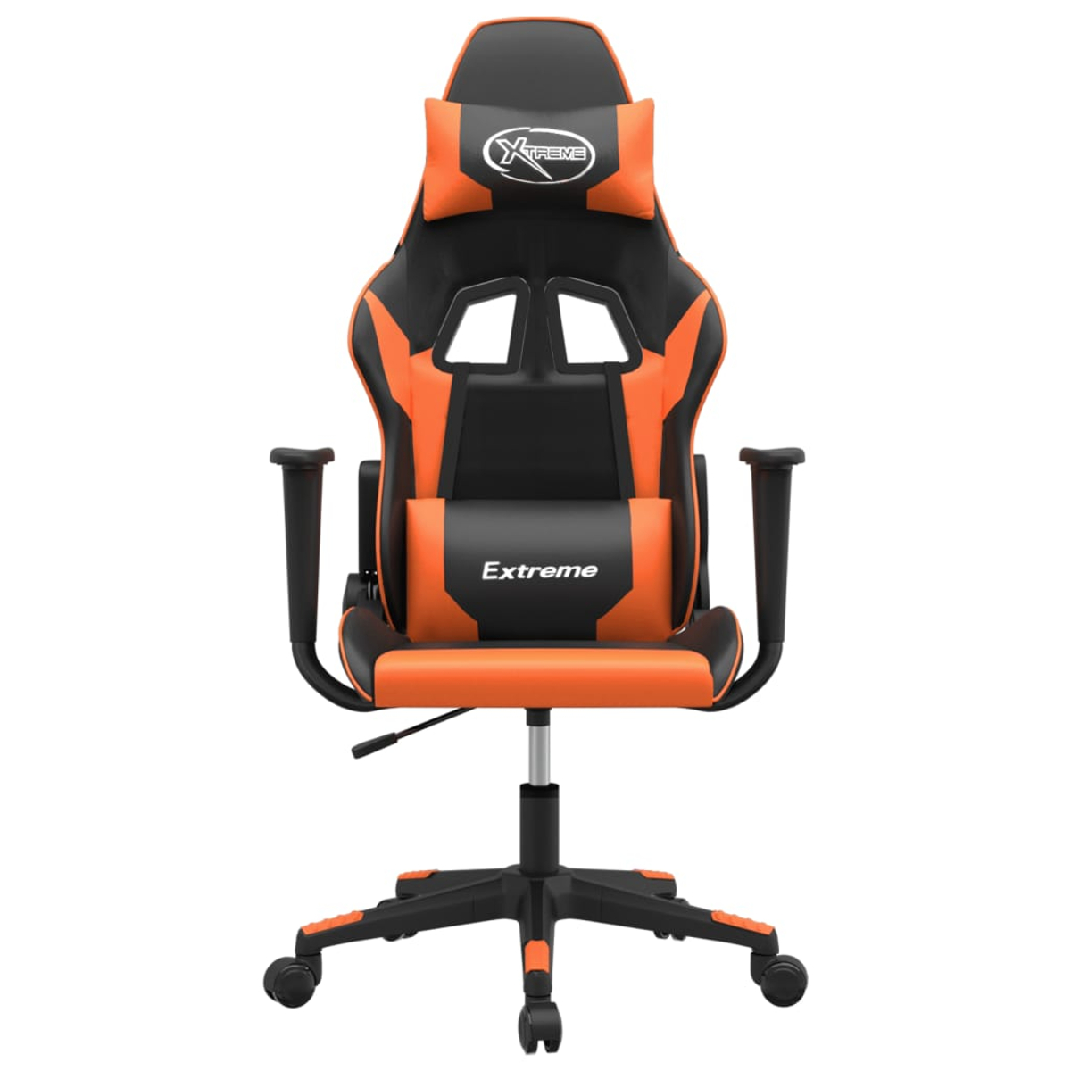 Ein schwarzer und oranger Gaming-Stuhl mit Kopfstütze und Lendenwirbelstütze.