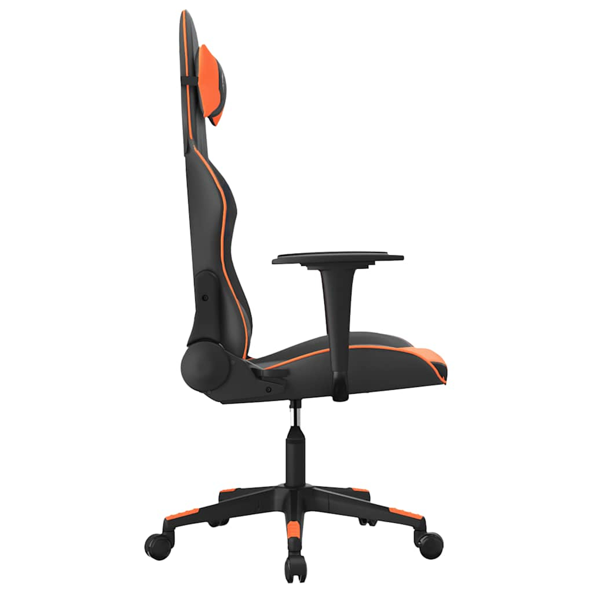 Schwarzer Gaming-Stuhl mit orangefarbenen Akzenten und Kopfstütze.