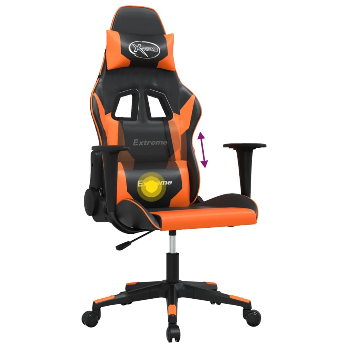 Ein orange-schwarzer Gaming-Stuhl mit verstellbaren Armlehnen und einer Kopfstütze.