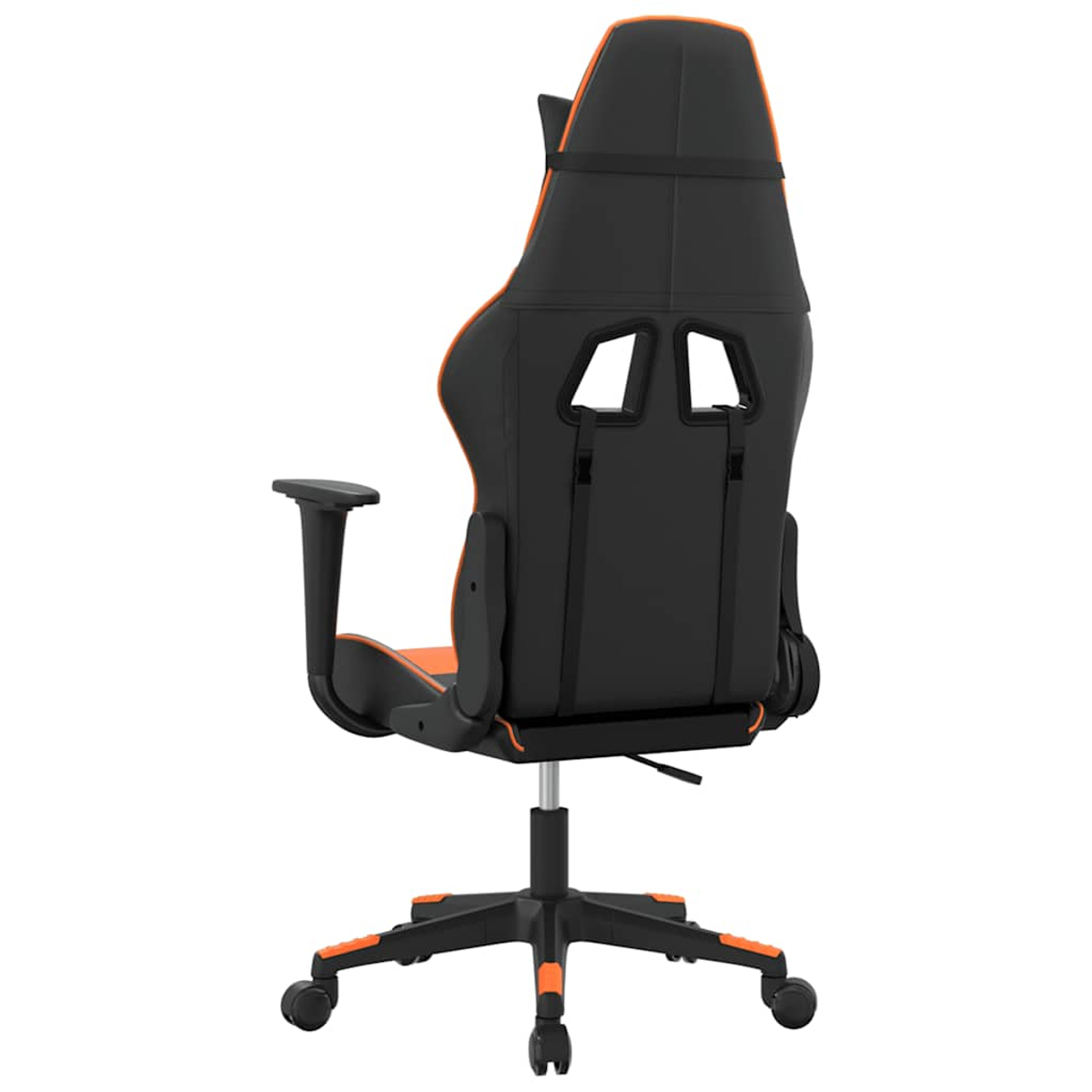 Rückansicht eines schwarz-orangen Gaming-Stuhls mit Rollen und verstellbaren Armlehnen.
