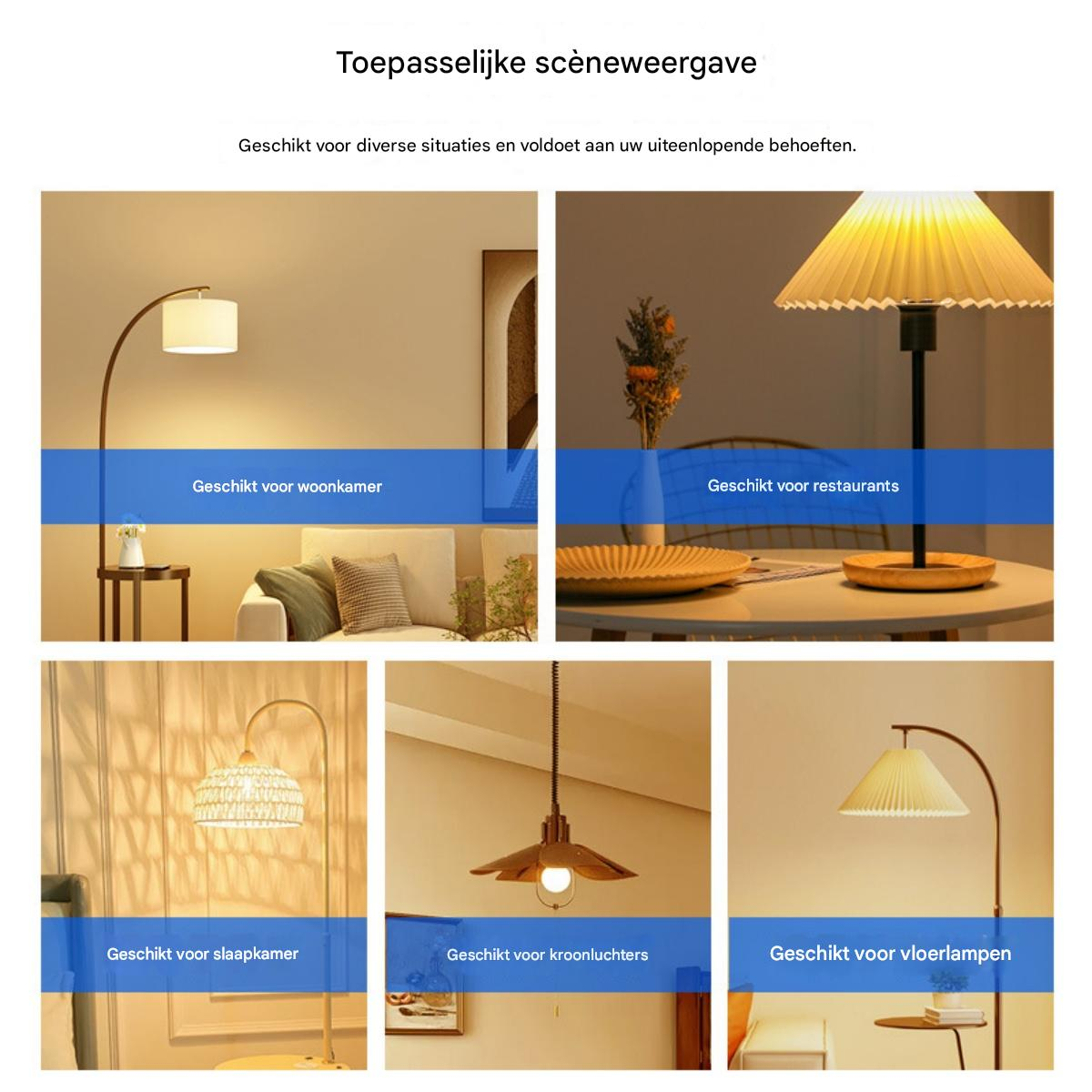Wohnzimmer-, Restaurant-, Schlafzimmer-, Kronleuchter- und Stehlampen-Szenen.