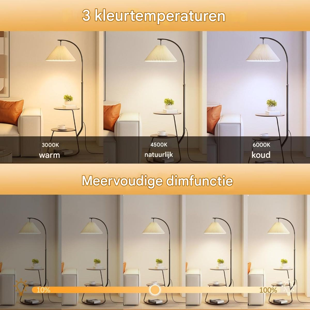Bodenleuchte mit drei Farbtemperaturen: warm (3000K), natürlich (4500K), kalt (6000K).