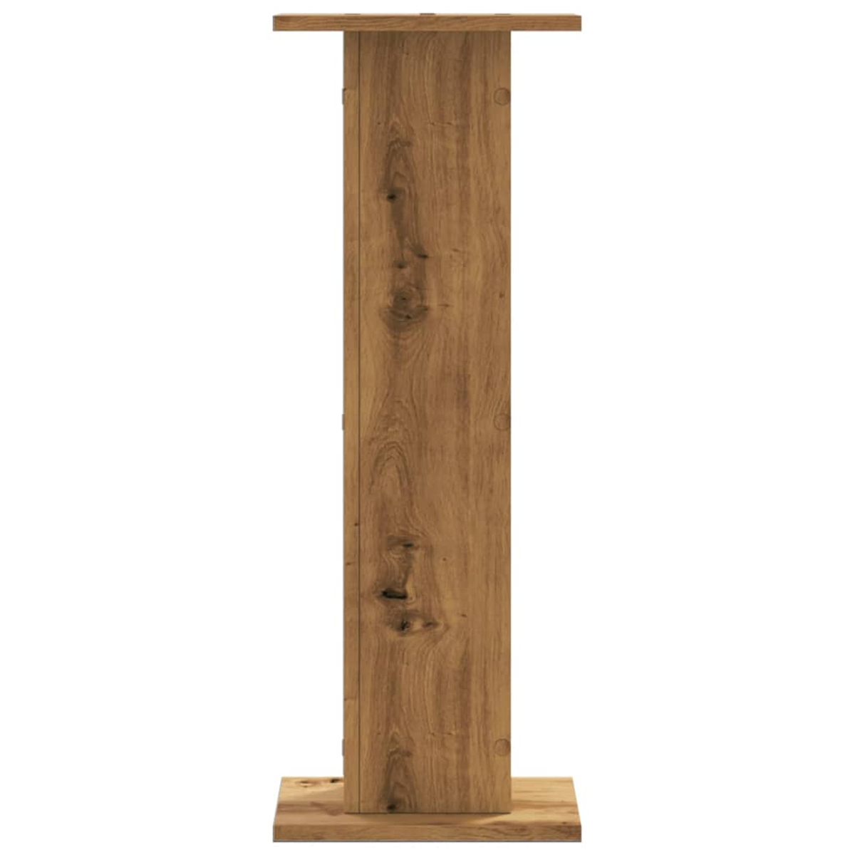 Ein vertikales Holzregal mit sichtbarer Maserung und Knoten, auf einer Holzbasis stehend.