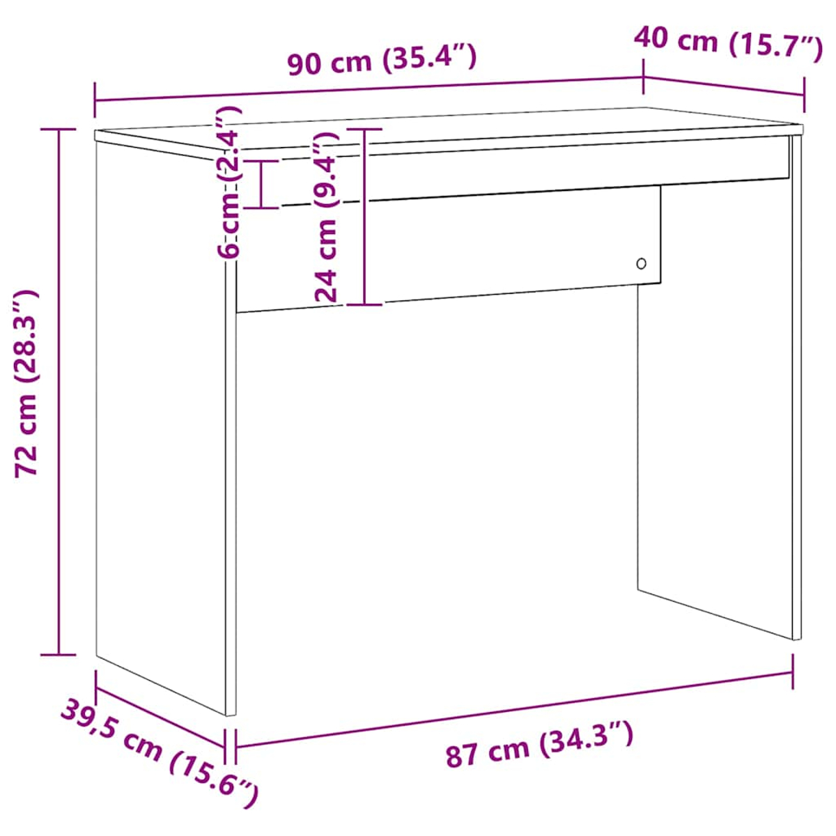 Weiße Schreibtischzeichnung mit Maßen: H 72 cm, B 90 cm, T 40 cm.