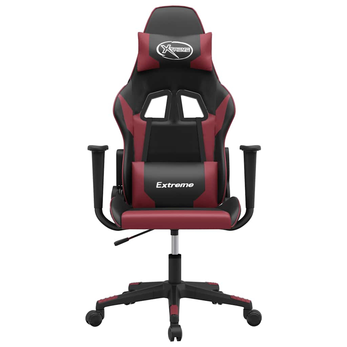Ein schwarzer und roter Gaming-Stuhl mit Kopfstütze und Lendenkissen.