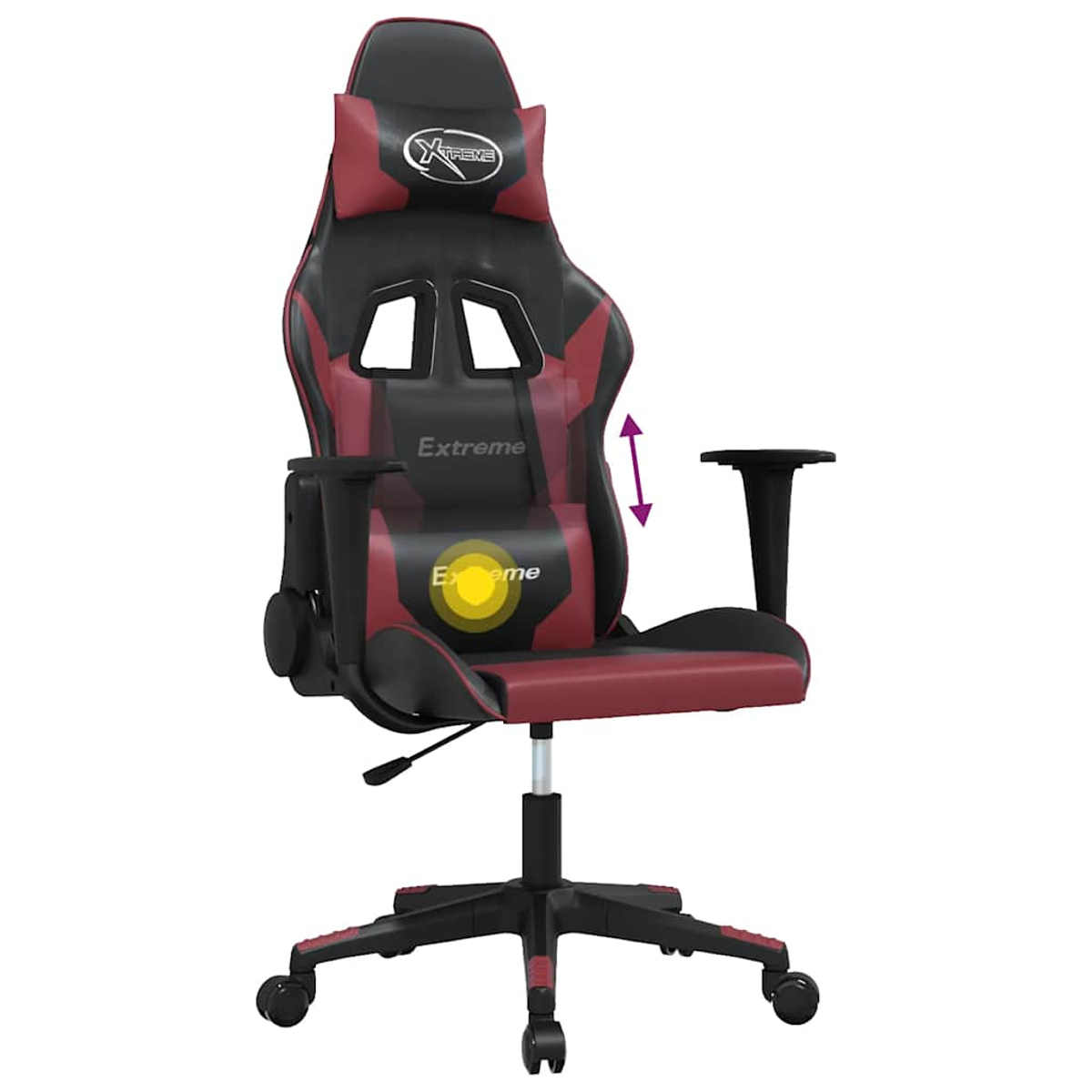 Ein schwarzer und roter Gaming-Stuhl mit Höhenverstellung und Armlehnen.
