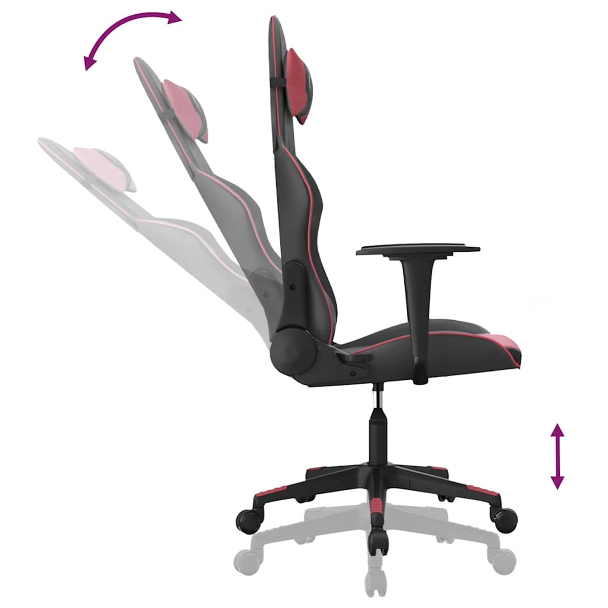 Schwarzer Gaming-Stuhl mit rosa Akzenten, verstellbare Rückenlehne und Sitzhöhe.