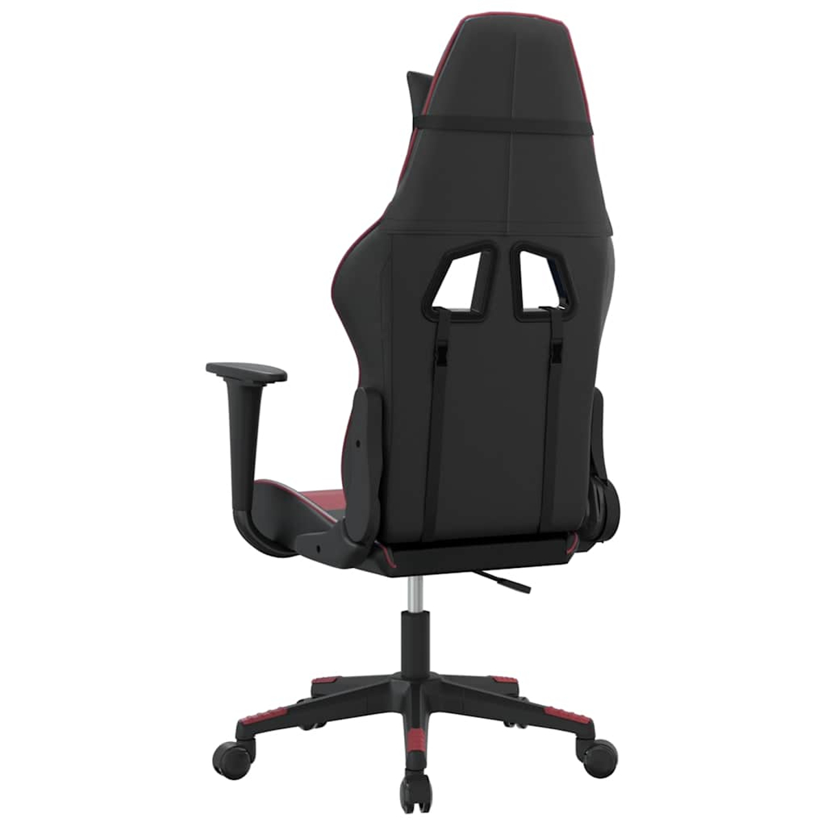 Rückansicht eines schwarzen Gaming-Stuhls mit roten Akzenten und Rollen.