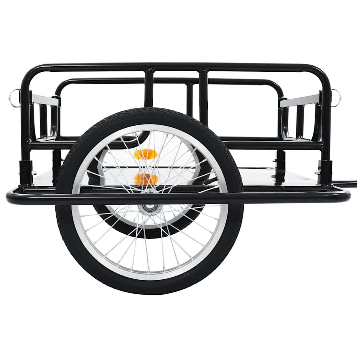 Schwarzer Fahrradanhänger mit einem Rad, reflektierenden orangen Lichtern und Metallrahmen.