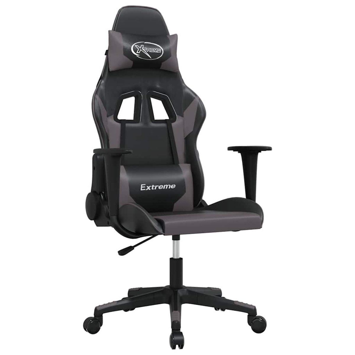 Ein schwarzer und grauer Gaming-Stuhl mit Rädern und verstellbaren Armlehnen.