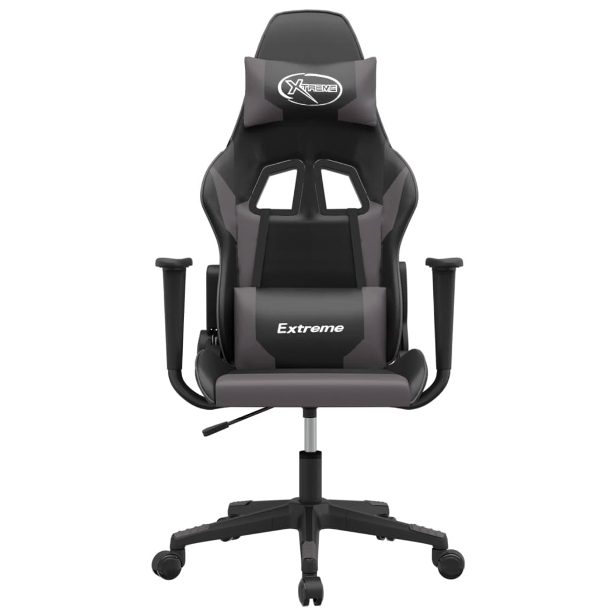 Ein schwarzer und grauer Gaming-Stuhl mit Rädern und einer Kopfstütze.