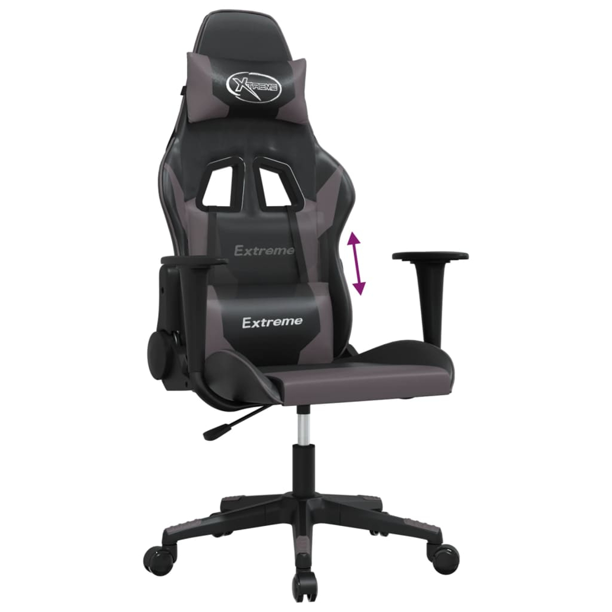 Schwarzer und grauer Gaming-Stuhl mit verstellbaren Armlehnen und Lendenkissen.