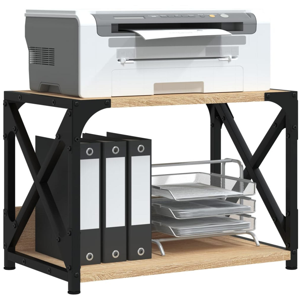 Ein Drucker steht auf einem Holzregal, darunter Ordner und ein Ablagesystem.