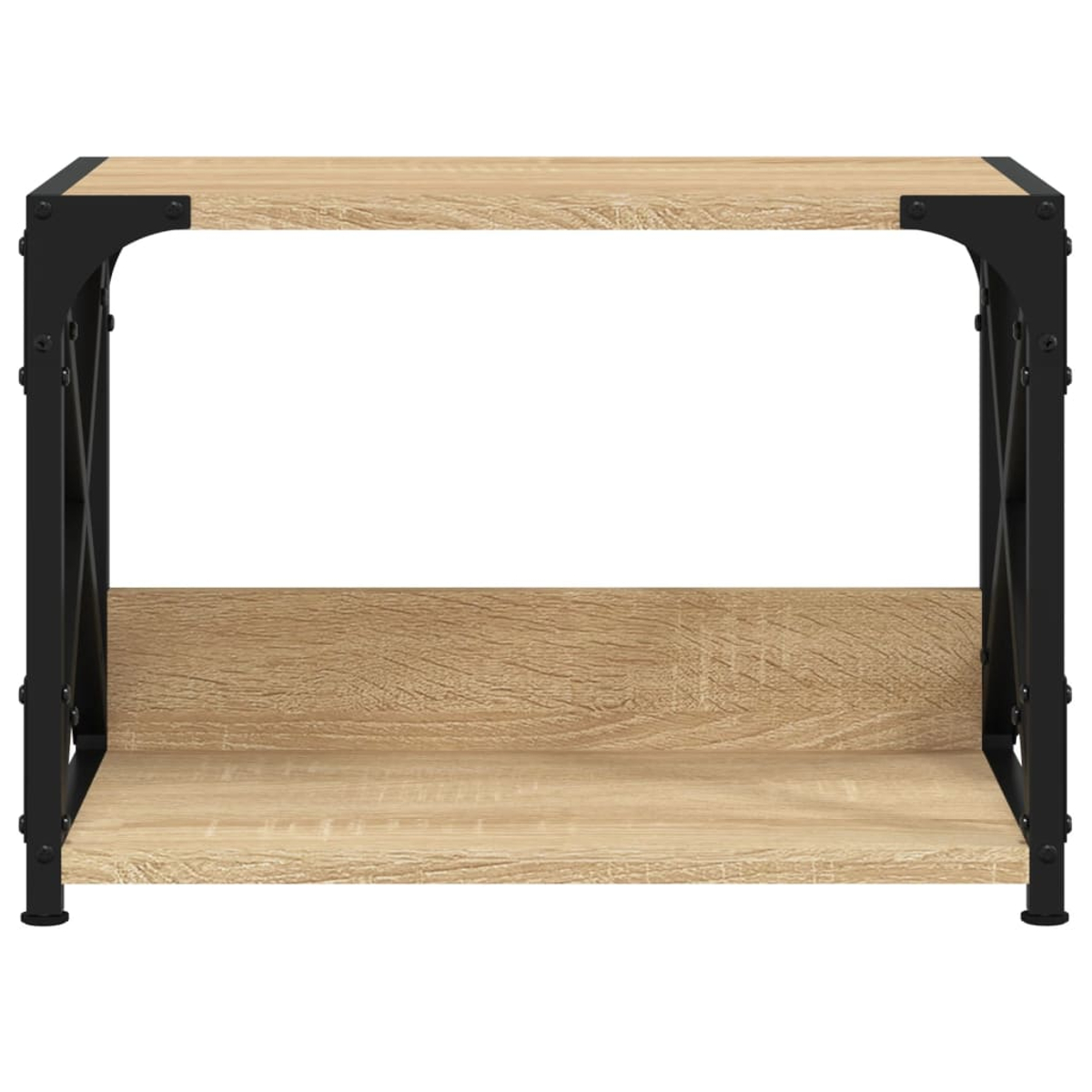 Ein Regal aus hellem Holz mit schwarzem Metallrahmen, zwei Ebenen.