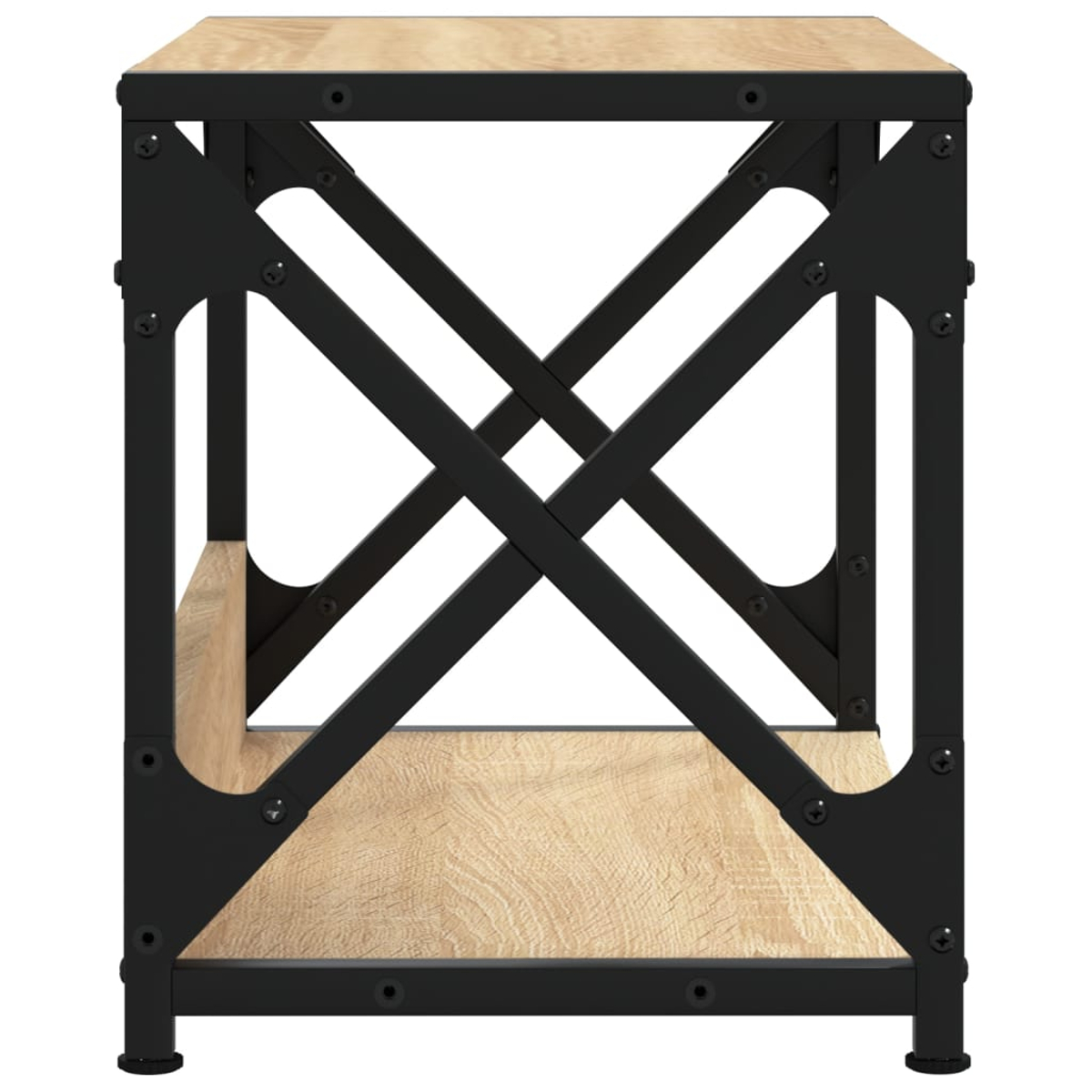 Ein Holztisch mit schwarzem Metallgestell und X-förmiger Verstrebung.