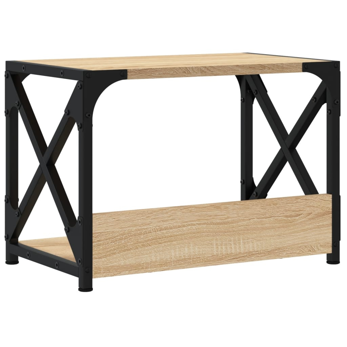 Ein Regal mit Holzplatte und schwarzem Metallgestell mit X-Kreuzstreben.