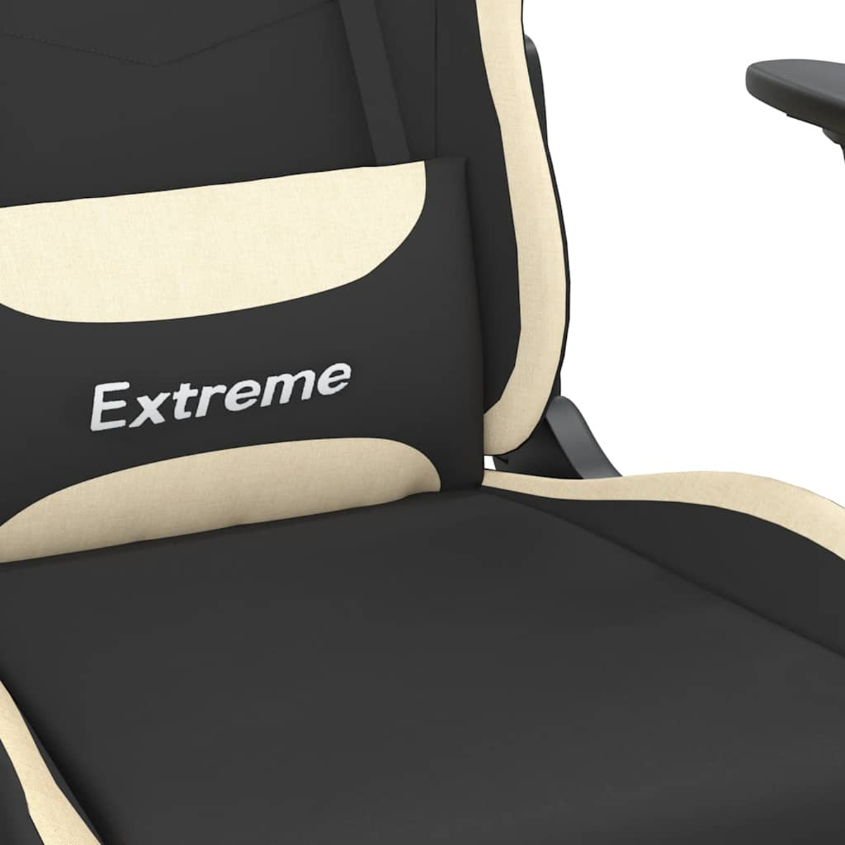 Ein schwarzer Gaming-Stuhl mit beigen Akzenten und einem Kissen mit dem Wort "Extreme".