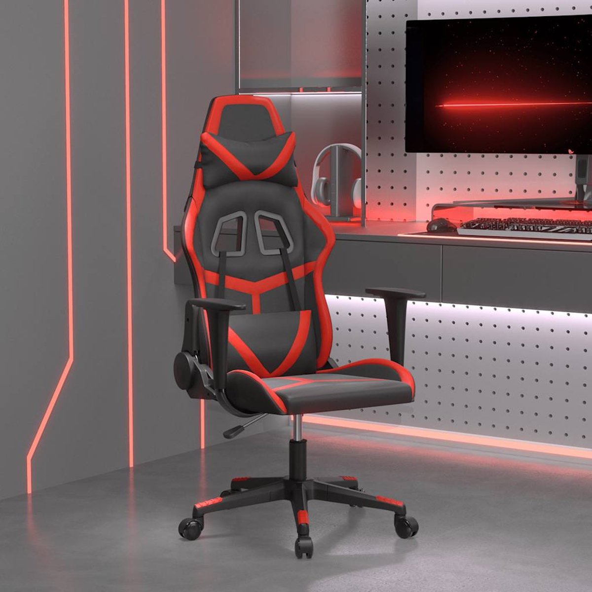 Ein schwarzer und roter Gaming-Stuhl steht in einem Raum mit Neonlicht.