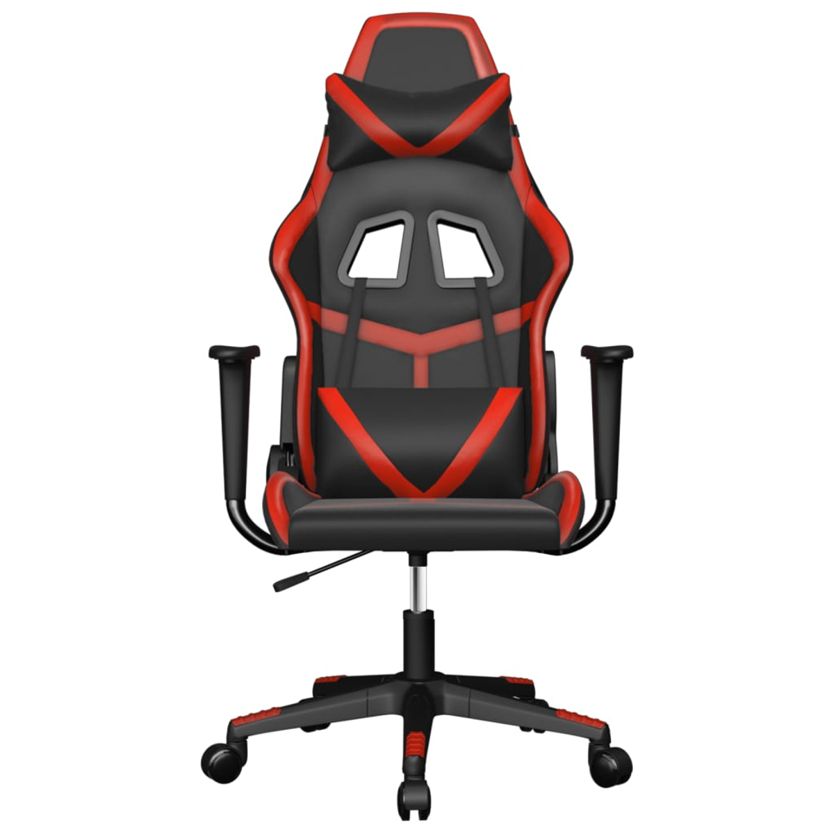 Ein schwarzer und roter Gaming-Stuhl mit hoher Rückenlehne, Kopfstütze und Armlehnen, auf weißem Hintergrund.