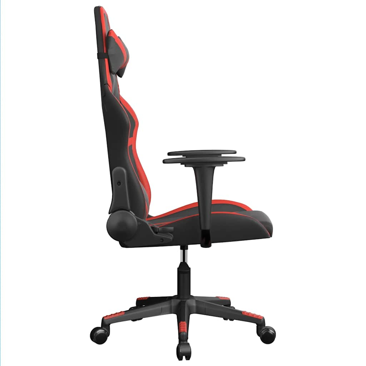 Ein schwarzer Gaming-Stuhl mit roten Akzenten, Seitenansicht.