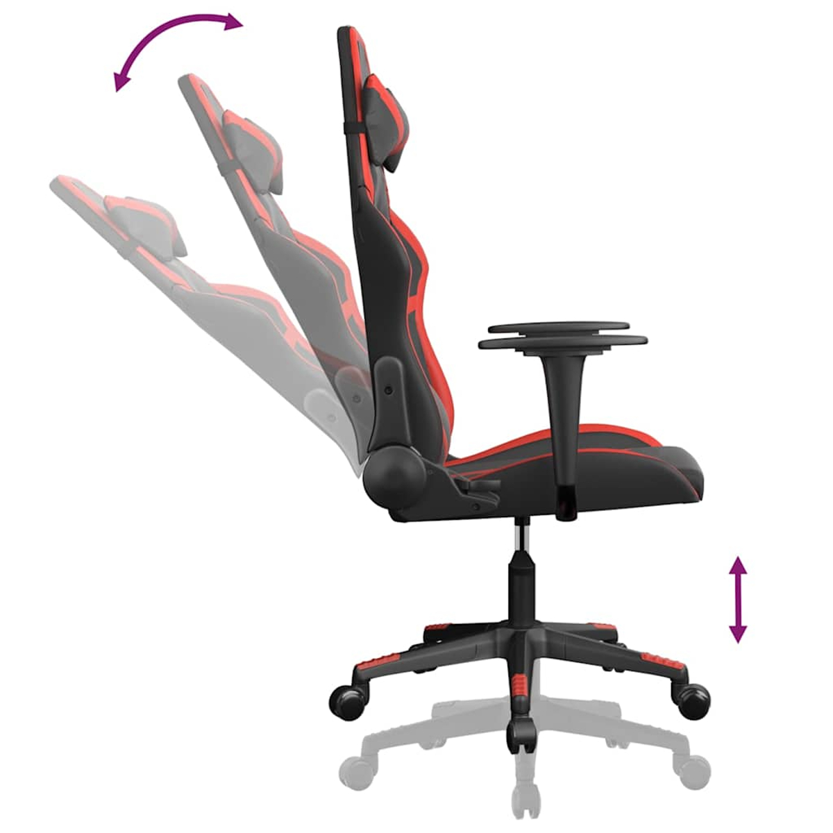 Schwarzer Gaming-Stuhl mit roten Akzenten, verstellbare Rückenlehne und Sitzhöhe.