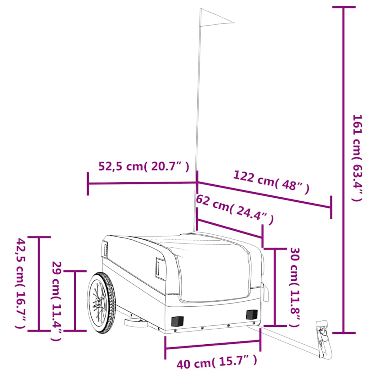 Diagramm zeigt einen Anhänger mit Abmessungen. Länge 122cm, Höhe 161cm, Breite 52,5cm.