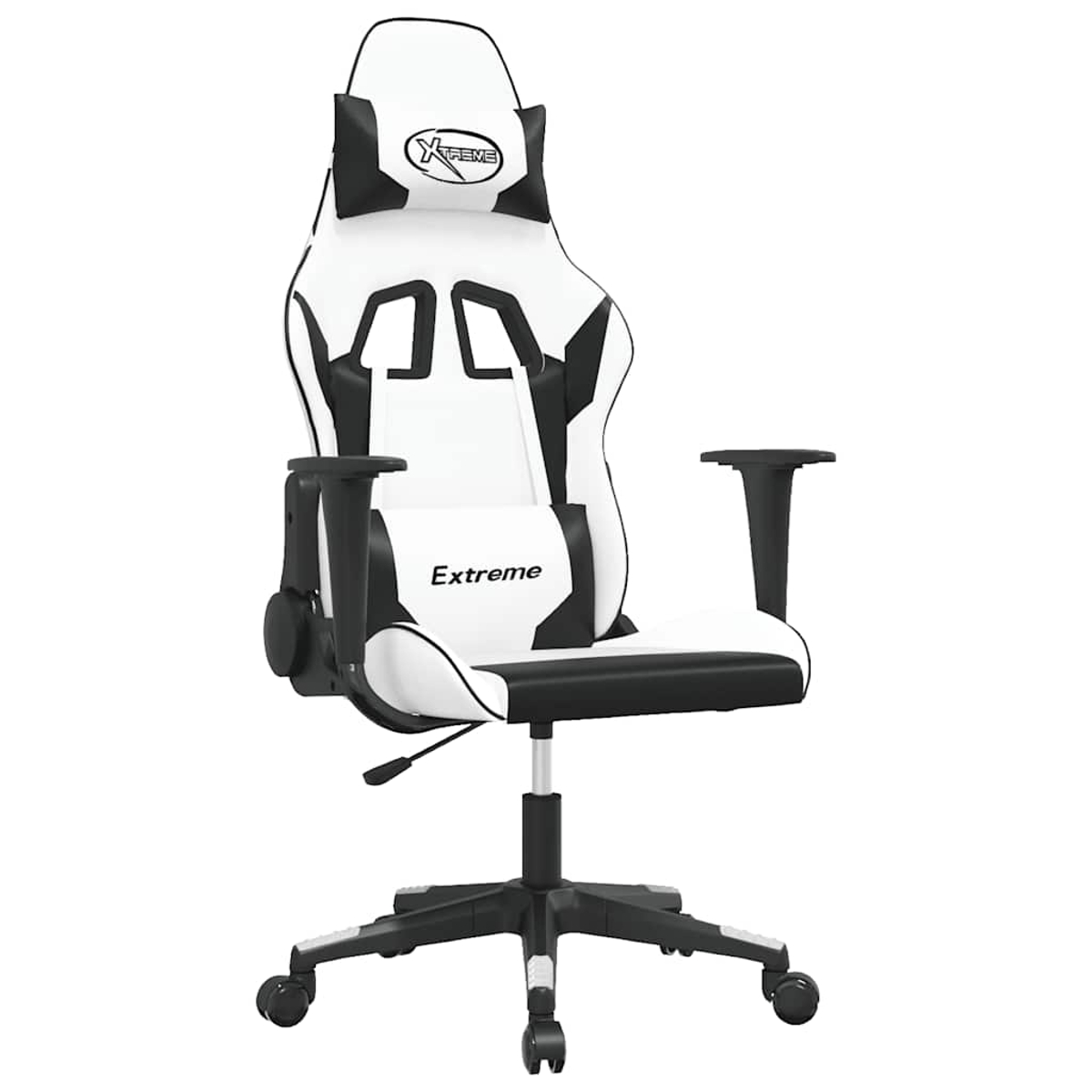 Ein weißer und schwarzer Gaming-Stuhl mit Rollen und dem Schriftzug "Extreme".