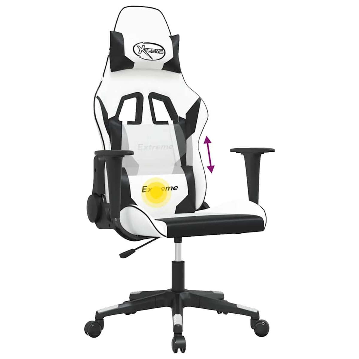 Ein weißer und schwarzer Gaming-Stuhl mit Armlehnen und verstellbarer Rückenlehne.