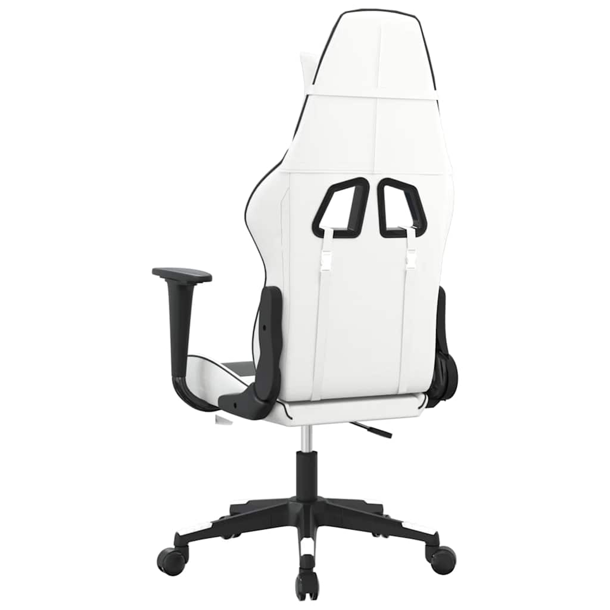 Ein weißer Gaming-Stuhl mit schwarzen Akzenten und Rollen.