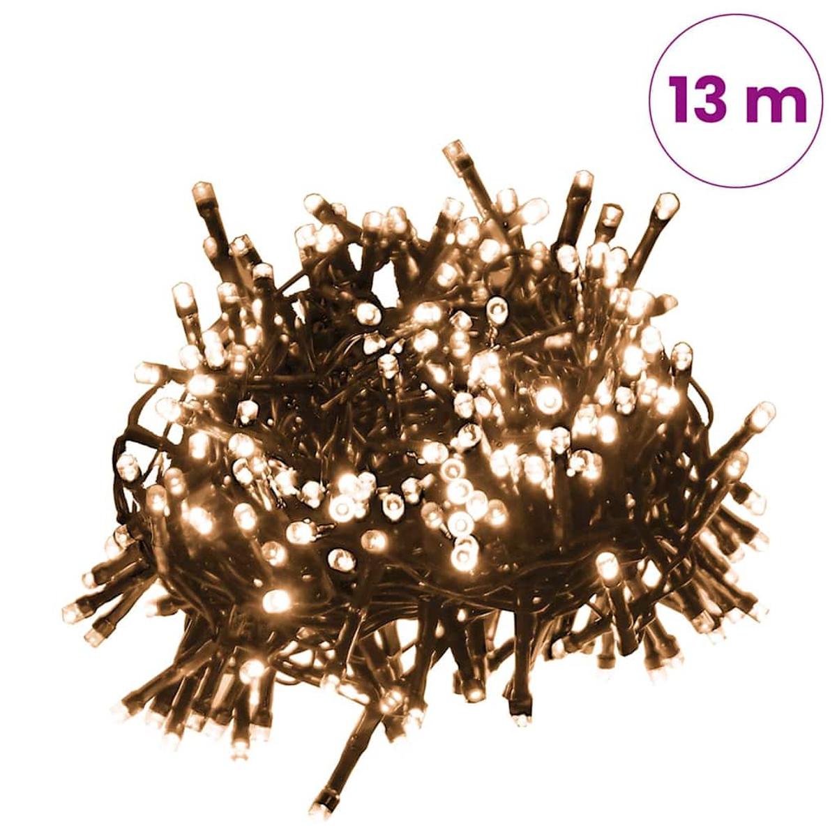 Ein Bündel von 13m warmweißen LED-Lichterketten auf weißem Hintergrund.