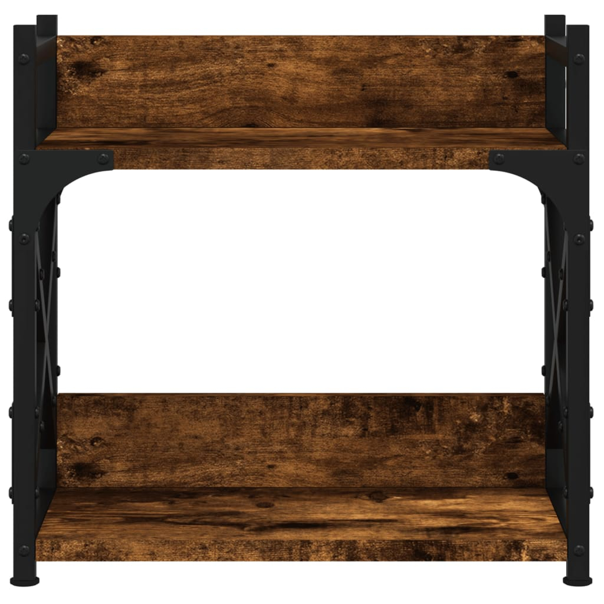 Zweistöckiges Regal aus dunklem Holz mit schwarzem Metallrahmen.
