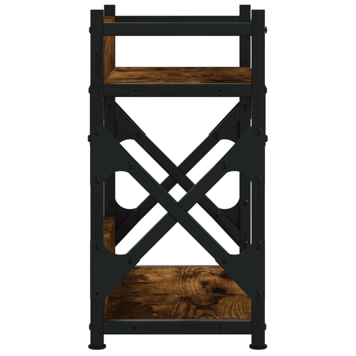 Ein schwarzes Regal mit Holzböden und X-förmiger Metallverstrebung.