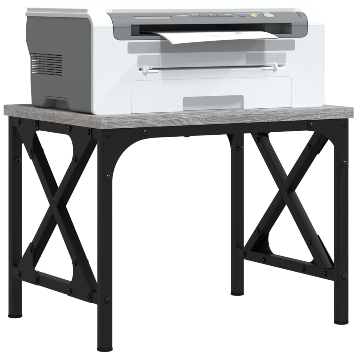 Ein weißer Drucker steht auf einem Holztisch mit schwarzem Metallgestell.