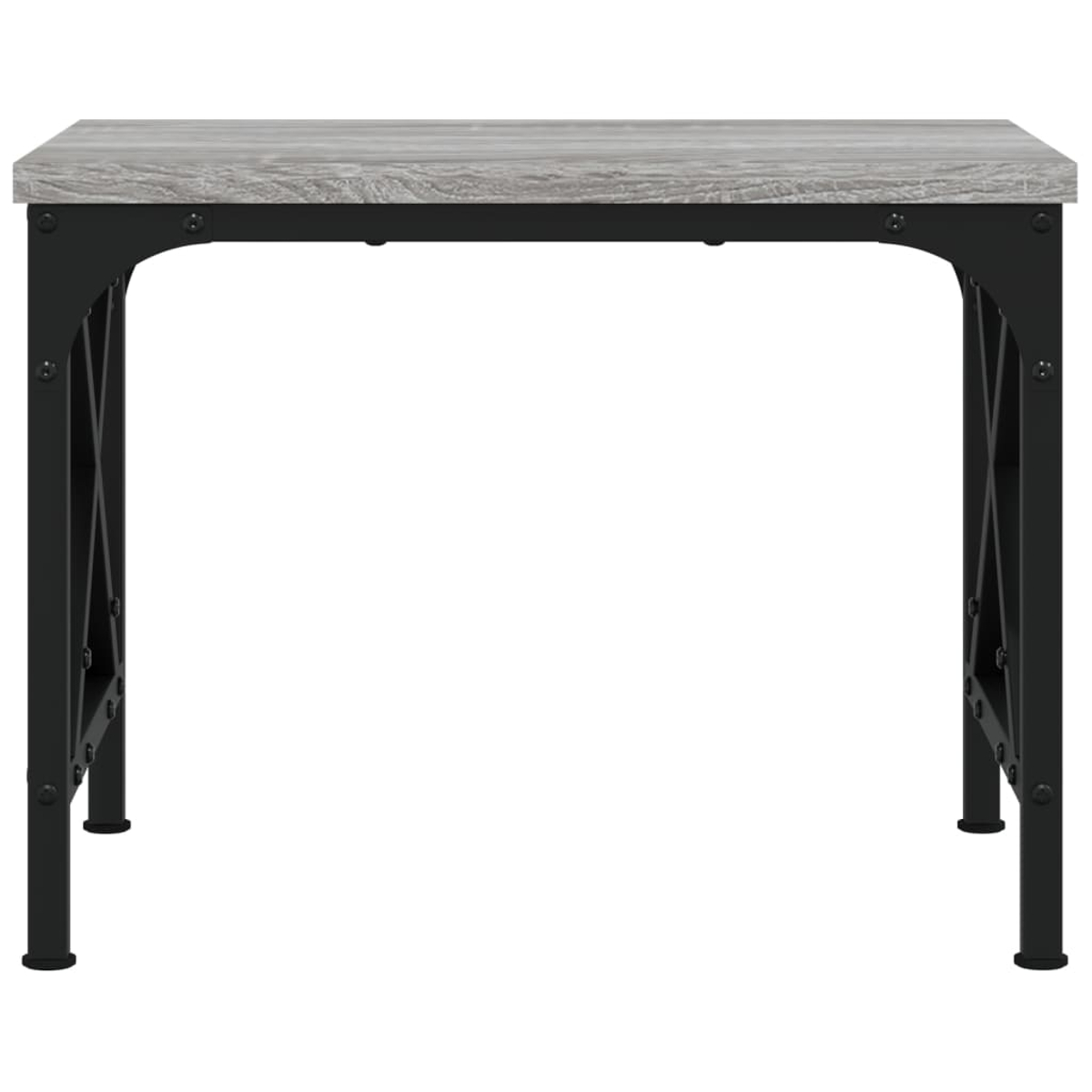 Ein Schreibtisch mit grauer Holzmaserung und schwarzem Metallgestell.