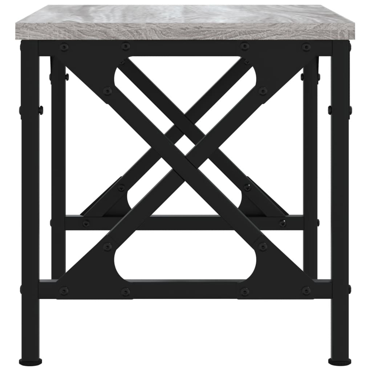 Ein Tisch mit einer grauen Holzmaserplatte und einem schwarzen Metallgestell mit X-förmiger Verstrebung.