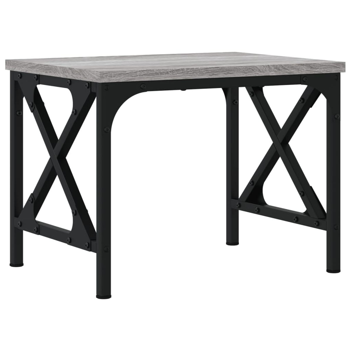 Ein Schreibtisch mit grauer Holzplatte und schwarzem Metallgestell mit X-Form.