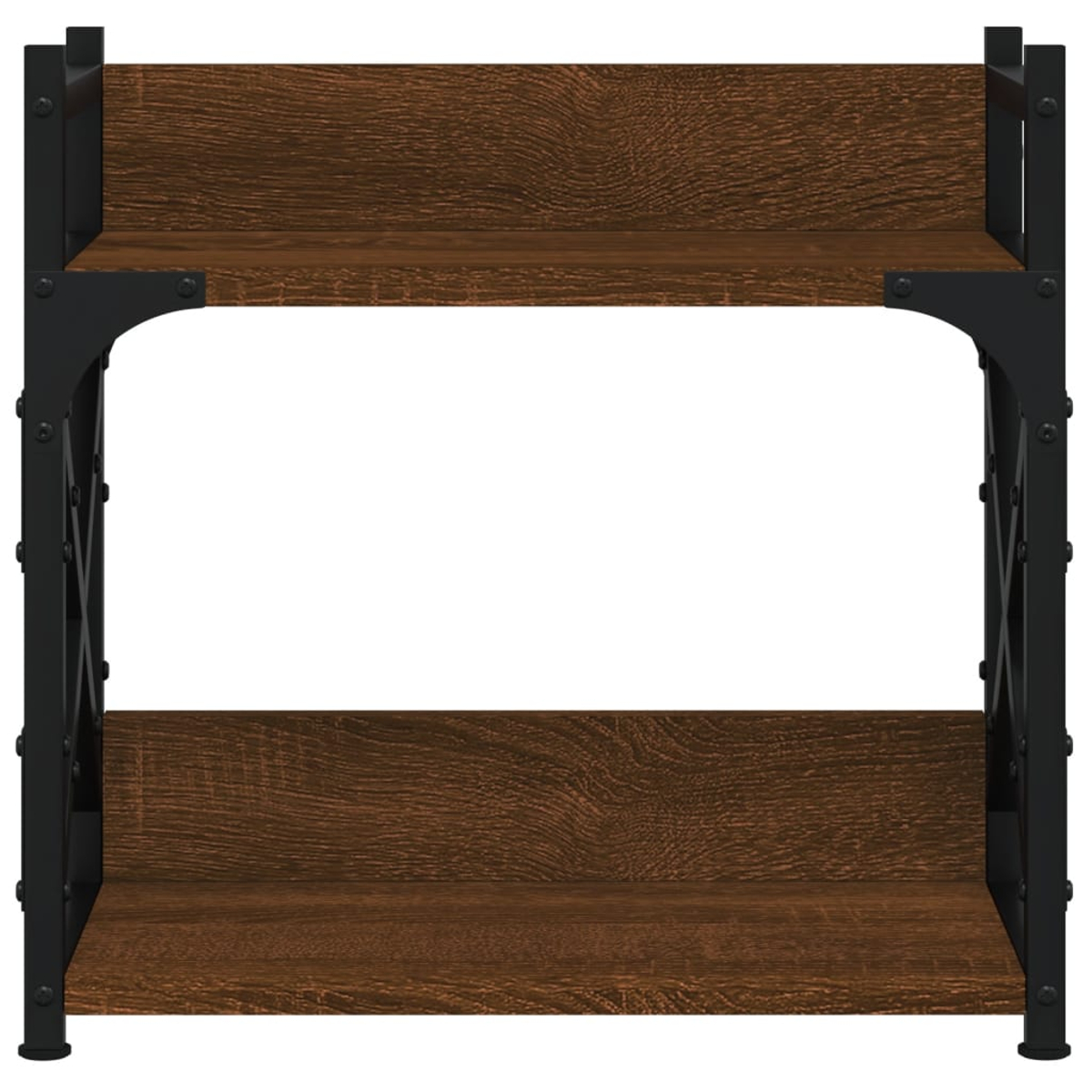 Ein braunes Holzregal mit schwarzem Metallrahmen und zwei Ebenen.
