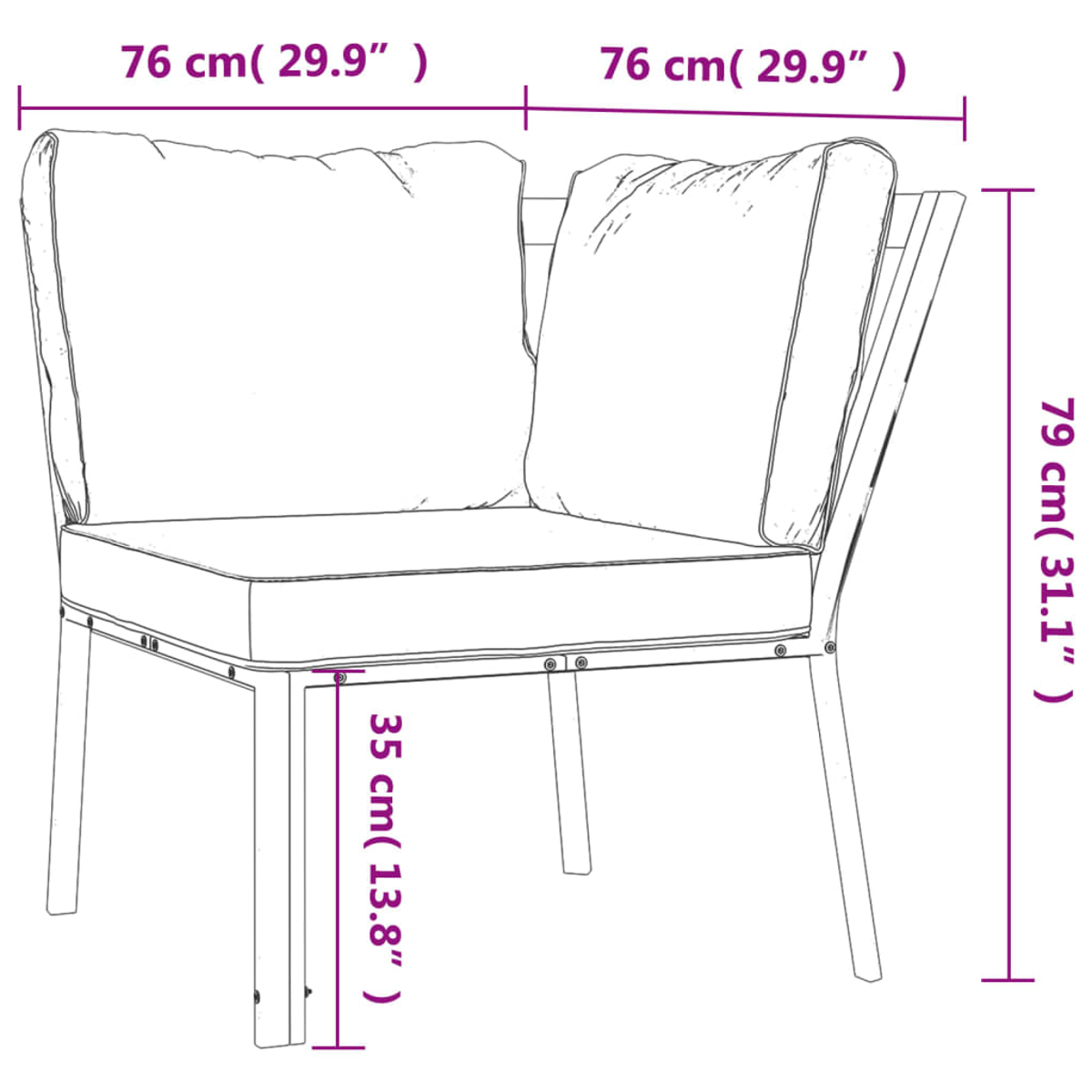 Ein Ecksofa mit Kissen, Maße 76x76x79 cm.