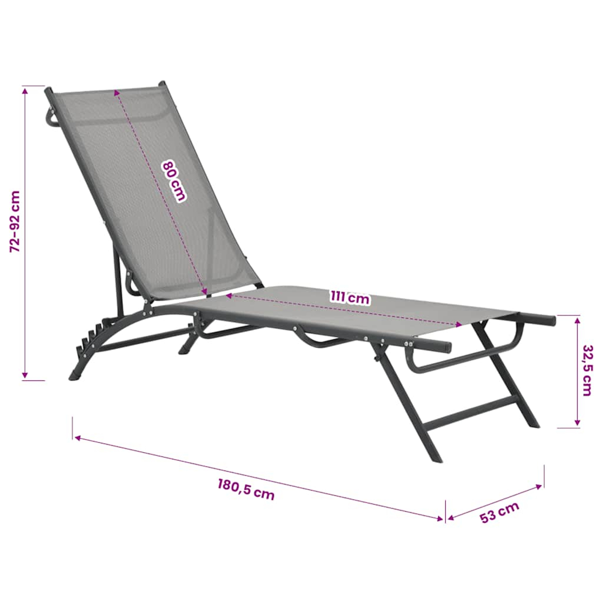 Grauer Liegestuhl mit Maßen: 180,5 cm L, 53 cm B, 32,5 cm H, Rückenlehne 80 cm, Höhe 72-92 cm.