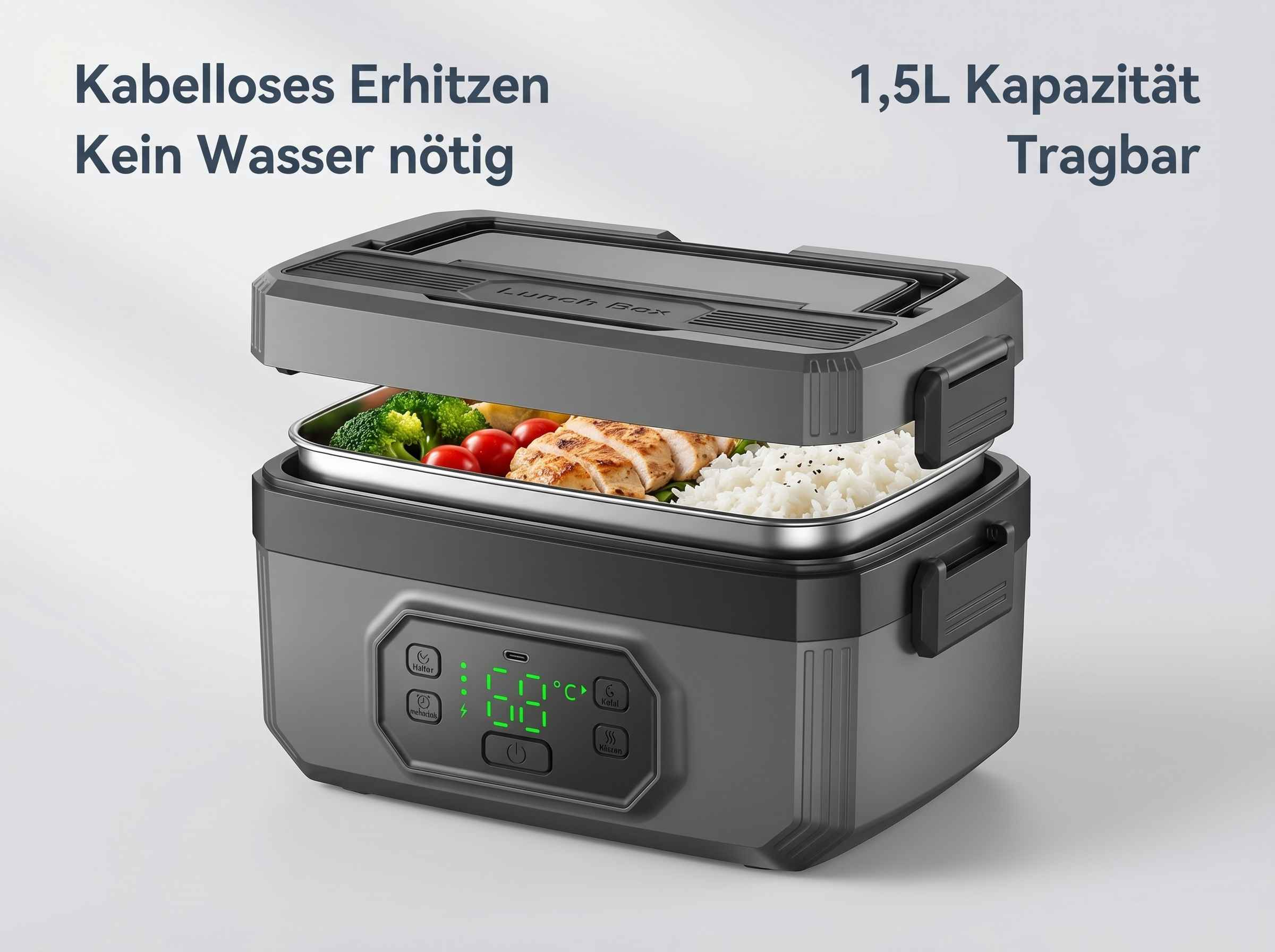 Ein grauer Lunchbox-Kocher mit Hähnchen, Reis und Gemüse. 1,5L Kapazität.