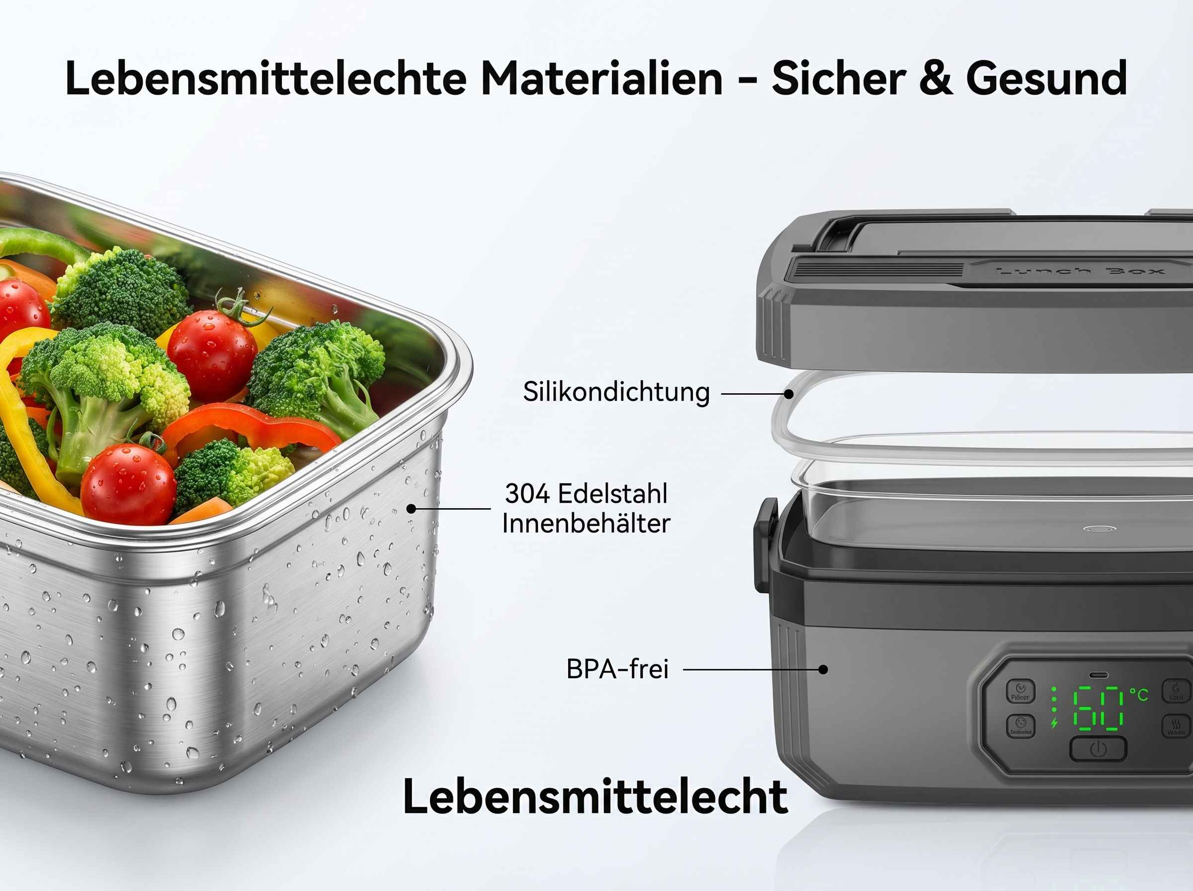 Edelstahl-Lunchbox mit frischem Gemüse und digitaler Anzeige.