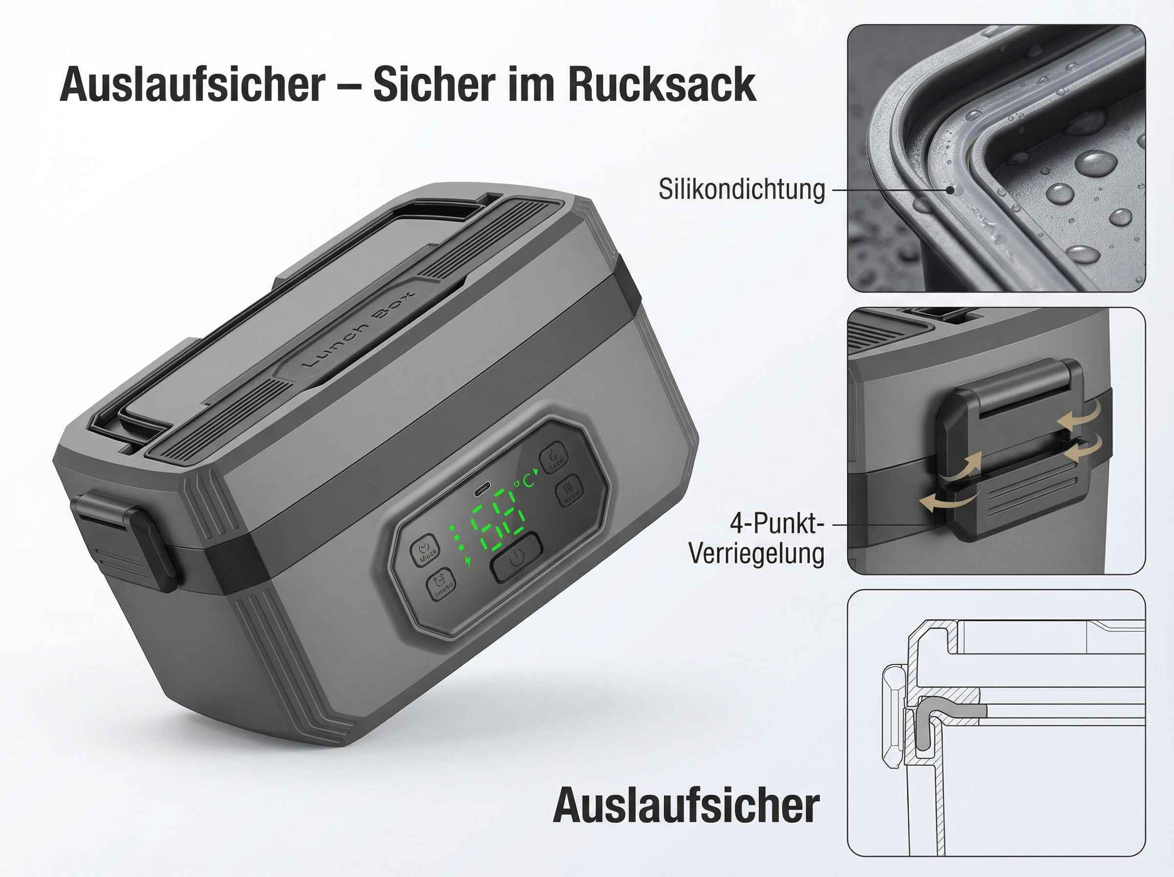 Graue Lunchbox mit digitaler Anzeige und detaillierten Ansichten von Dichtung und Verriegelung.