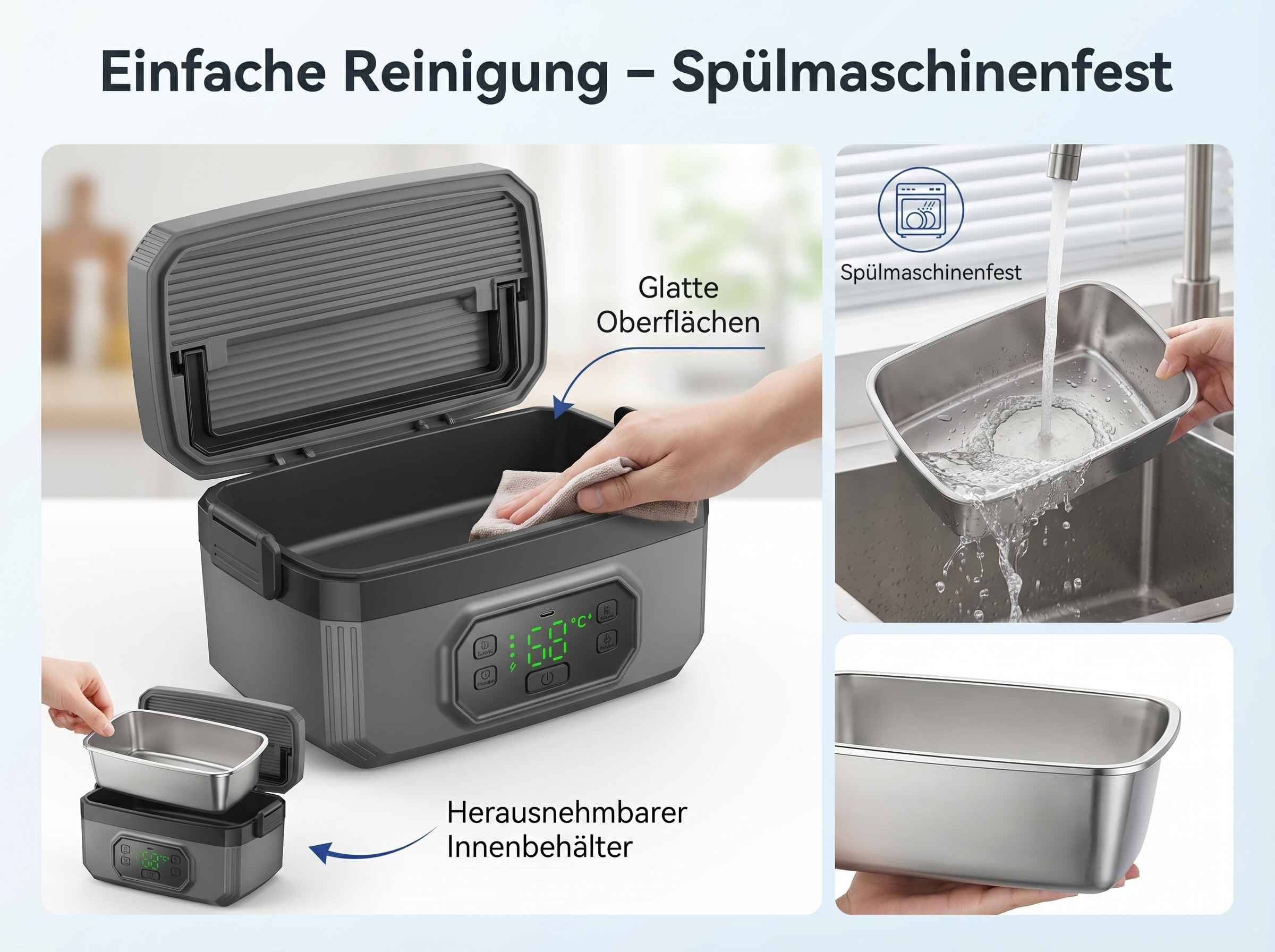 Ein grauer Behälter mit herausnehmbarem Einsatz wird gereinigt.