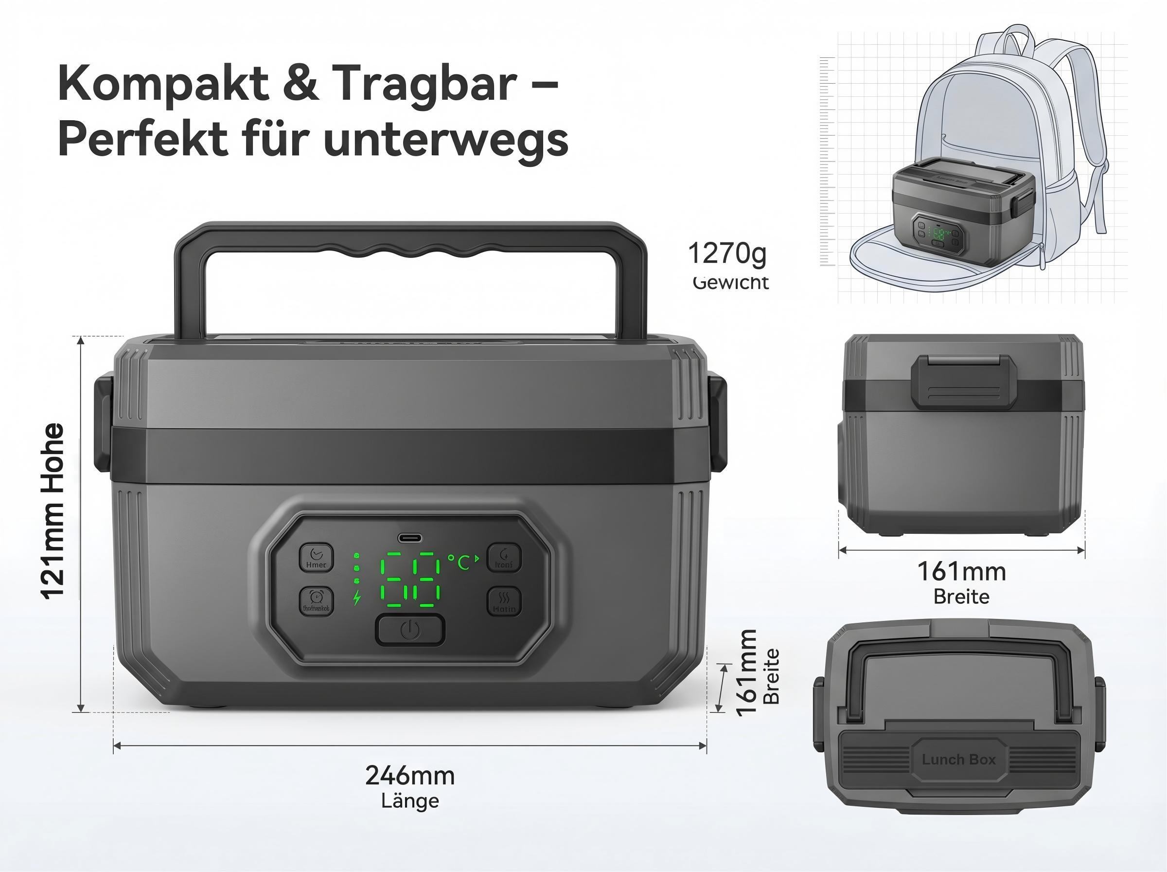 Grauer Lunchbox mit Griff, Maße L246xB161xH121mm, 1270g, digitalem Display.